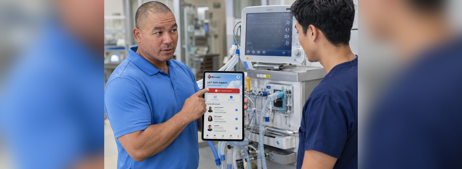 Biomedical technician opening 24/7 tech support in the BiomedRx App beside a ventilator