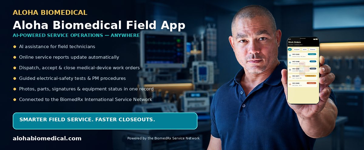 Aloha Biomedical Field — AI-powered field-service mobile app; automatic online service reports, work-order dispatch, and closeout