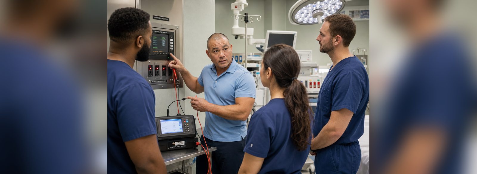 Technician verifying line isolation monitor readings against an electrical safety analyzer in an operating room